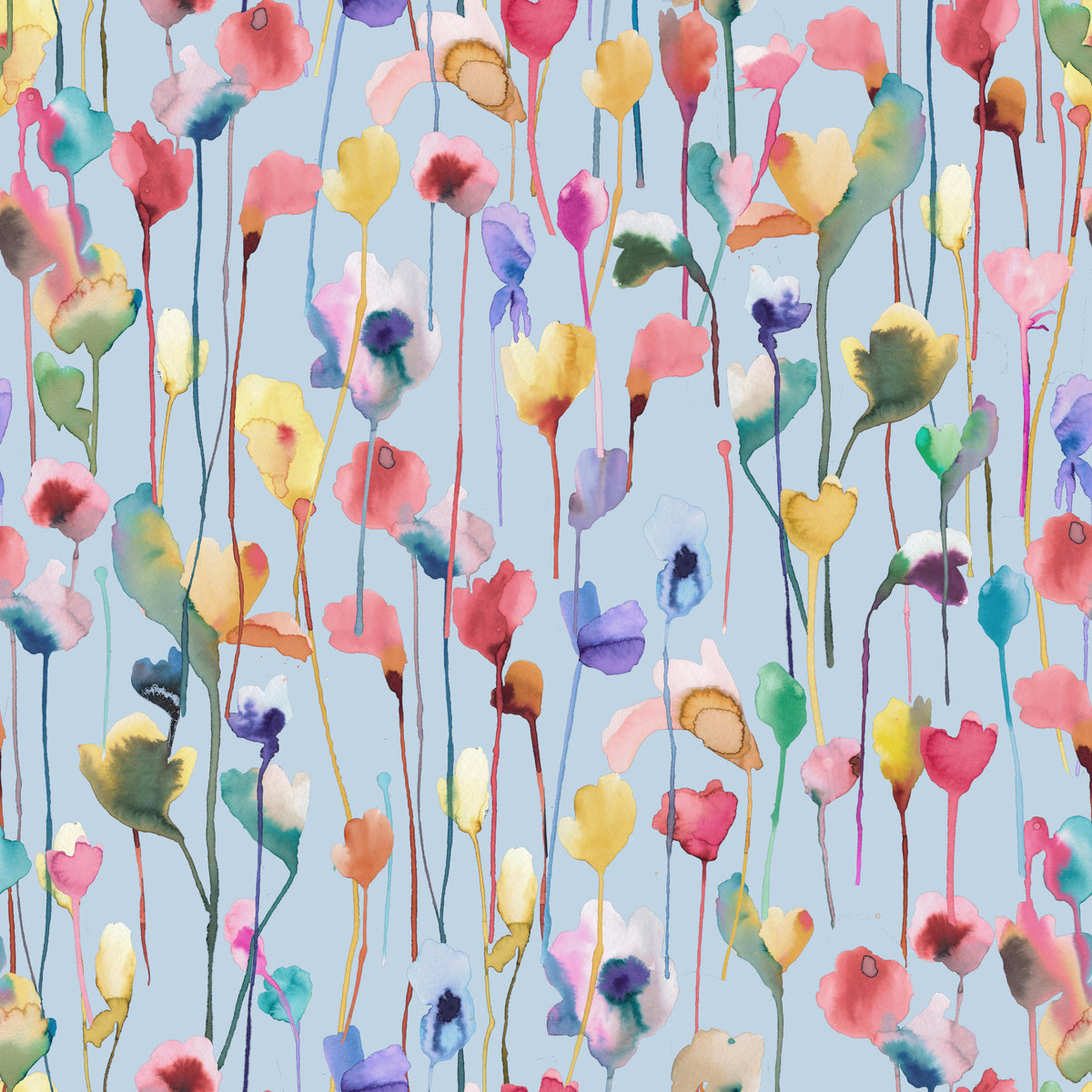 Watery Watercolor Artistic Flowers Light Blue Wallpaper⁠ in your room