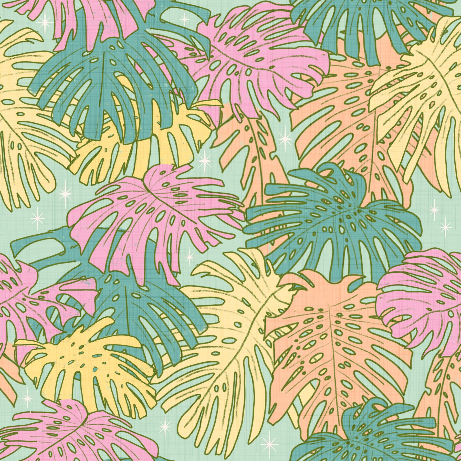 Pastel Tropical Monstera - Palm Springs Retro Aqua Wallpaper⁠ in your room — zoomed