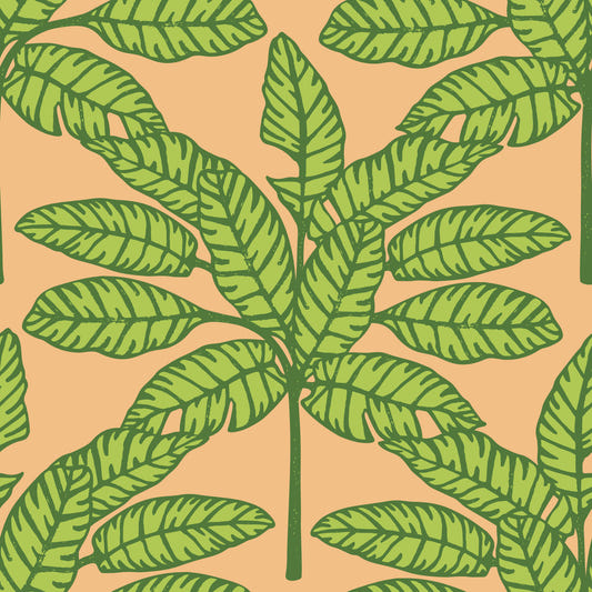 Desert Leaves Oasis Retro Mid Century Tropical Green Orange Wallpaper⁠