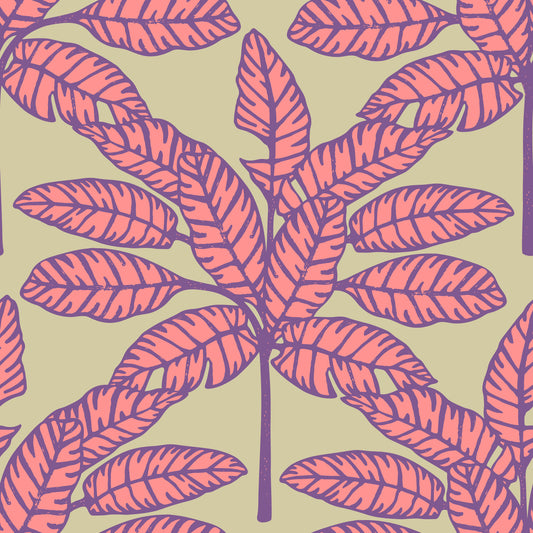 Desert Leaves Oasis Retro Mid Century Tropical Pink Purple Cream Wallpaper⁠