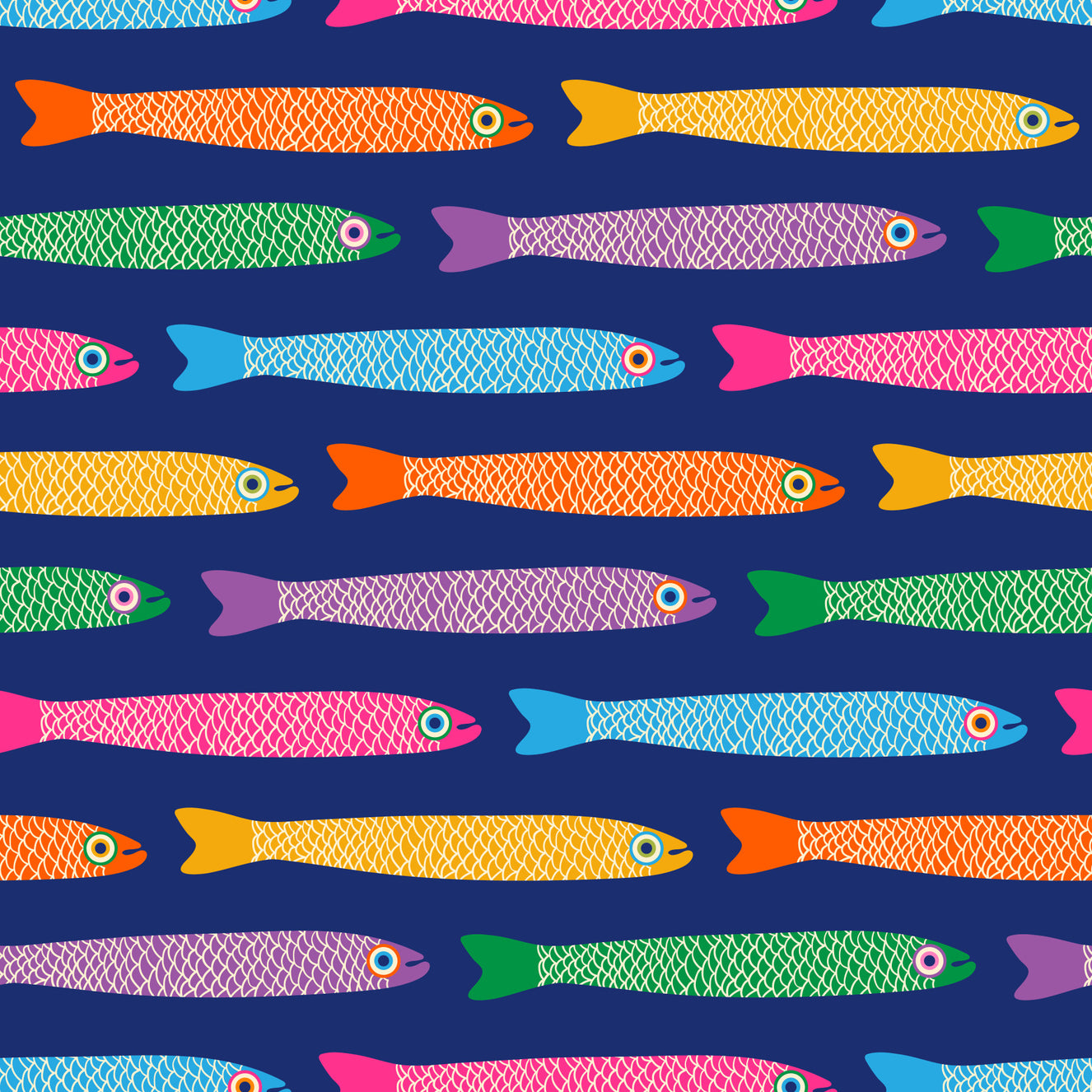 Anchovies Bright Rainbow Fish on Royal Blue Wallpaper⁠