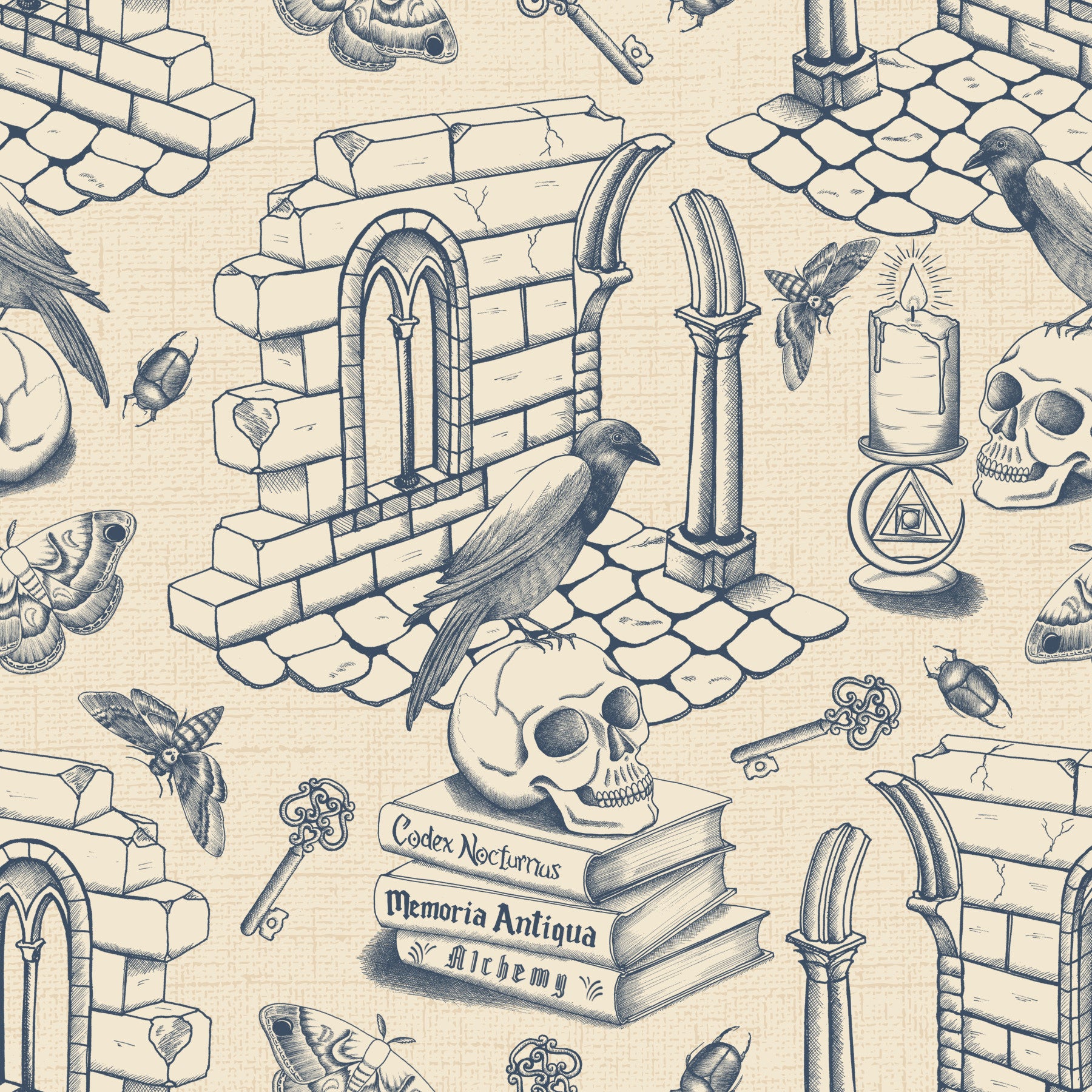Dark Academia Toile de Jouy - Twilight blue Wallpaper⁠