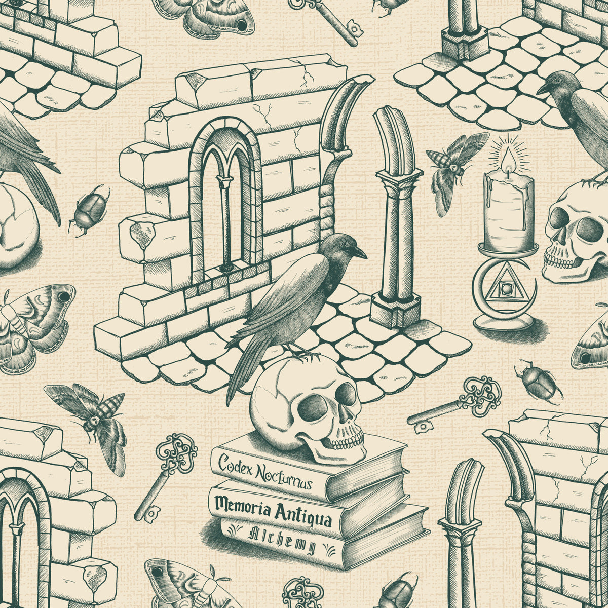 Dark Academia Toile de Jouy - Ivy Green Wallpaper⁠