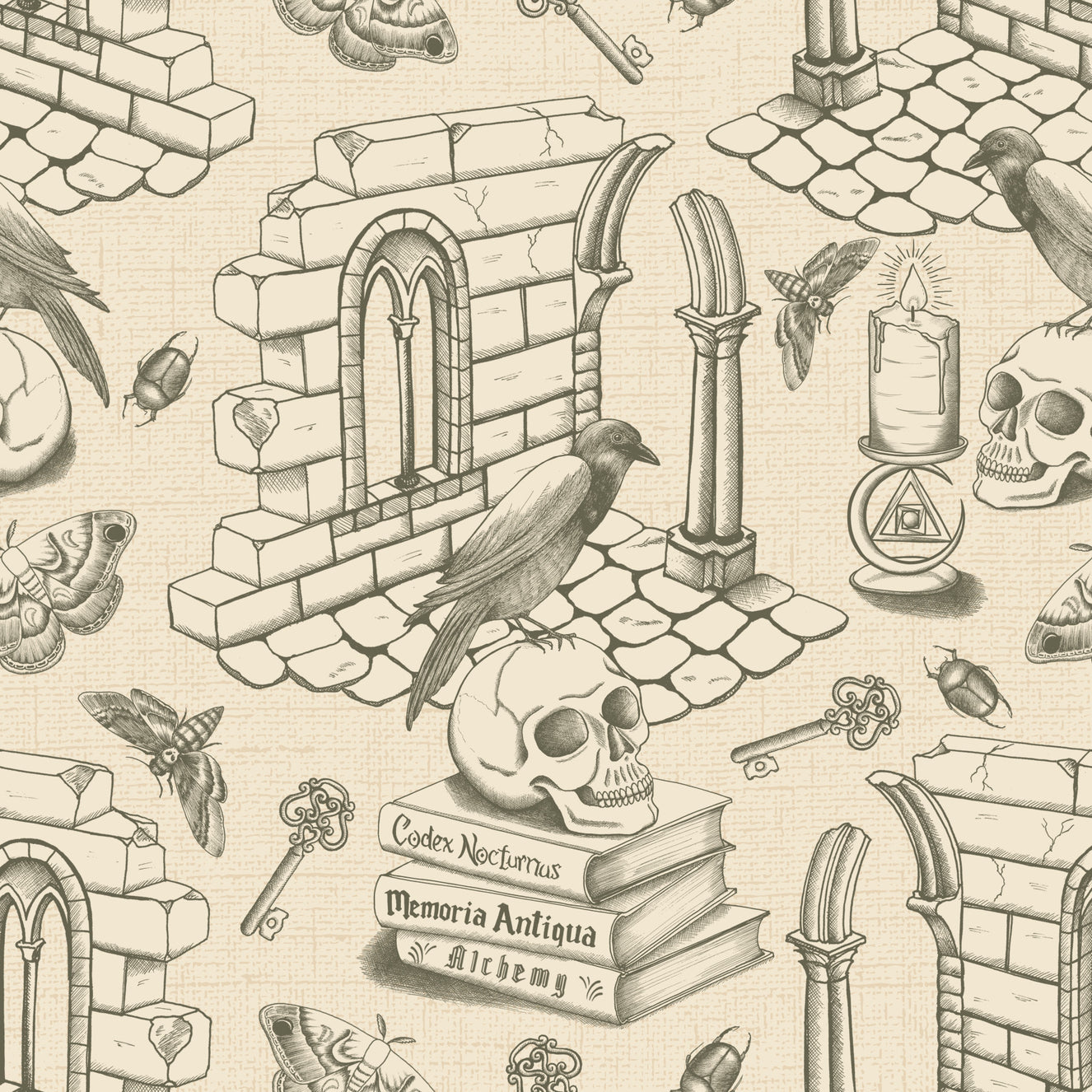 Dark Academia Toile de Jouie -  Olive Green Wallpaper⁠
