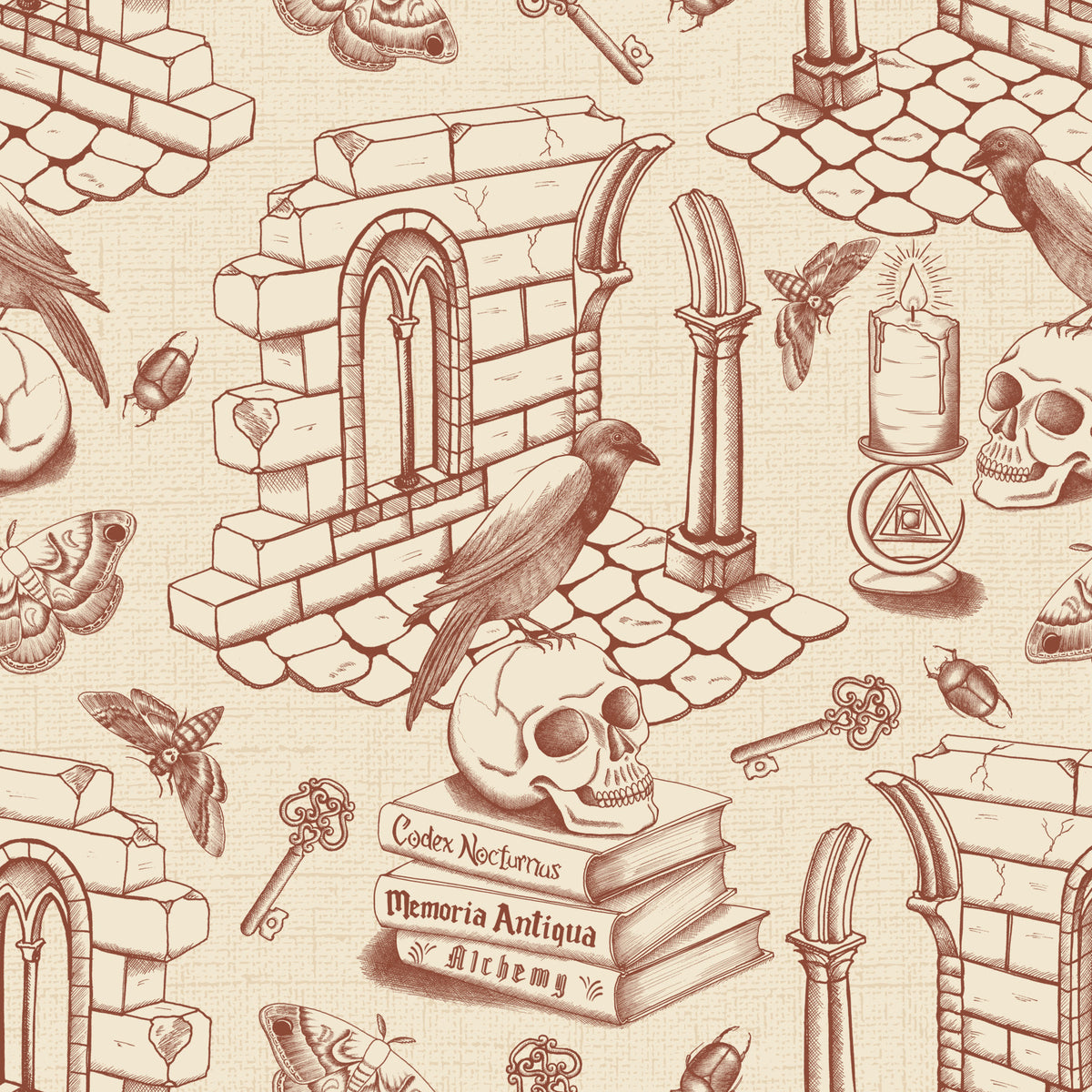 Dark Academia Toile de Jouy - Amber Wallpaper⁠ in your room — zoomed
