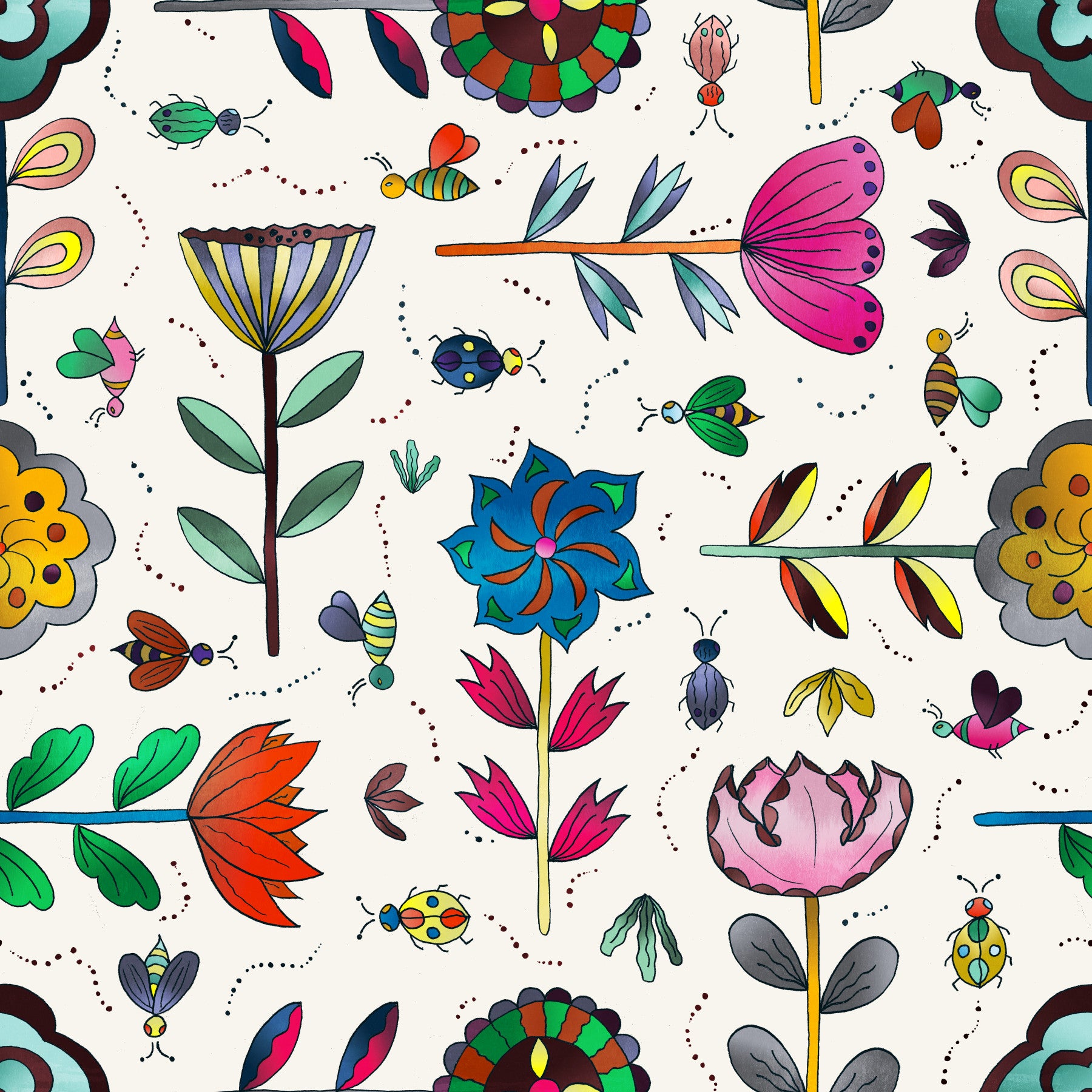 Insects and Flowers White Wallpaper⁠