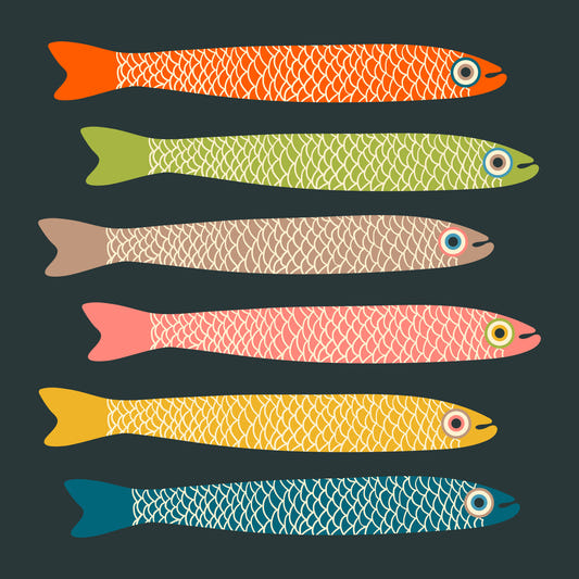 Anchovies Retro Vintage Multicolored Fish on Charcoal Wall Mural