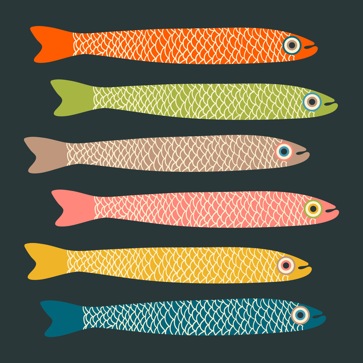 Anchovies Retro Vintage Multicolored Fish on Charcoal Wall Mural