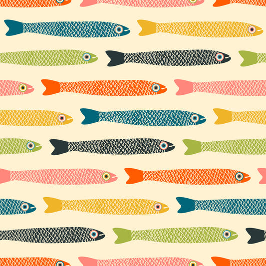 Anchovies Retro Vintage Multicolored Fish on Cream Wallpaper⁠