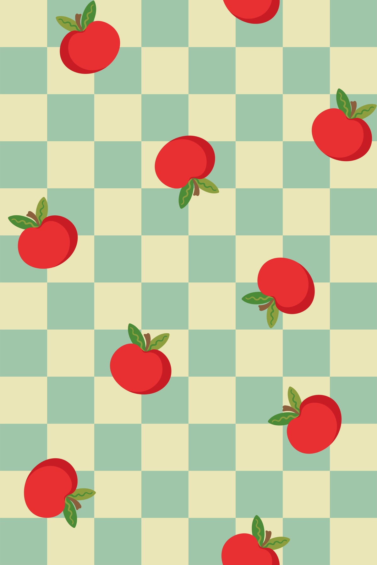 Apple Checkerboard Vintage Nostalgic Cottagecore Fruit Red Blue Cream Wallpaper⁠