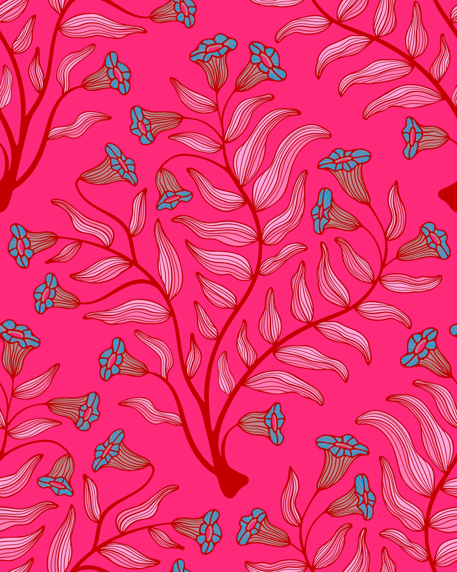 Trumpet Flower Damask Vintage Floral Botanical Jewel Pink Cherry Red Wallpaper⁠