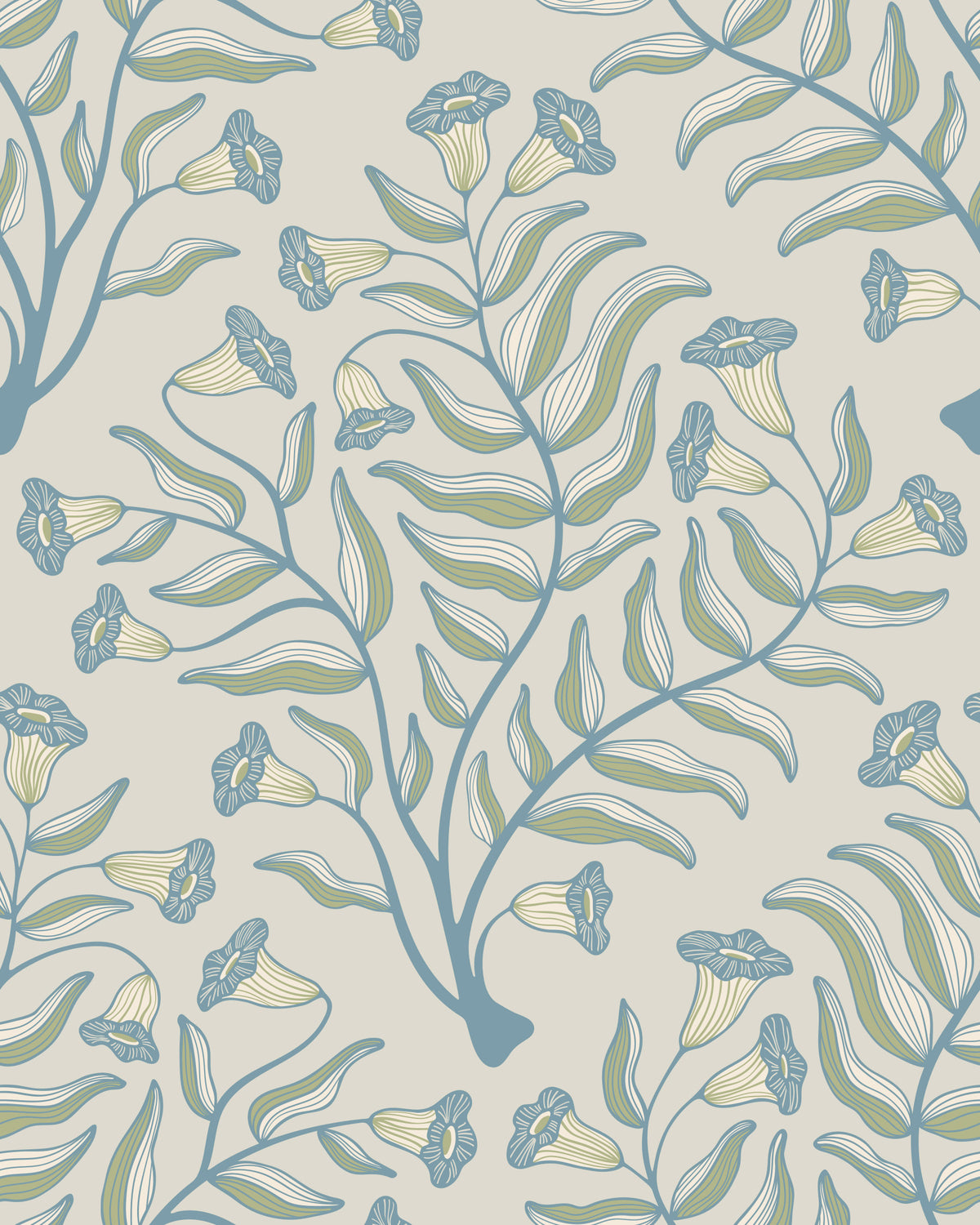 Trumpet Flower Damask Vintage Floral Botanical Cottage Blue Sage Green Gray Wallpaper⁠