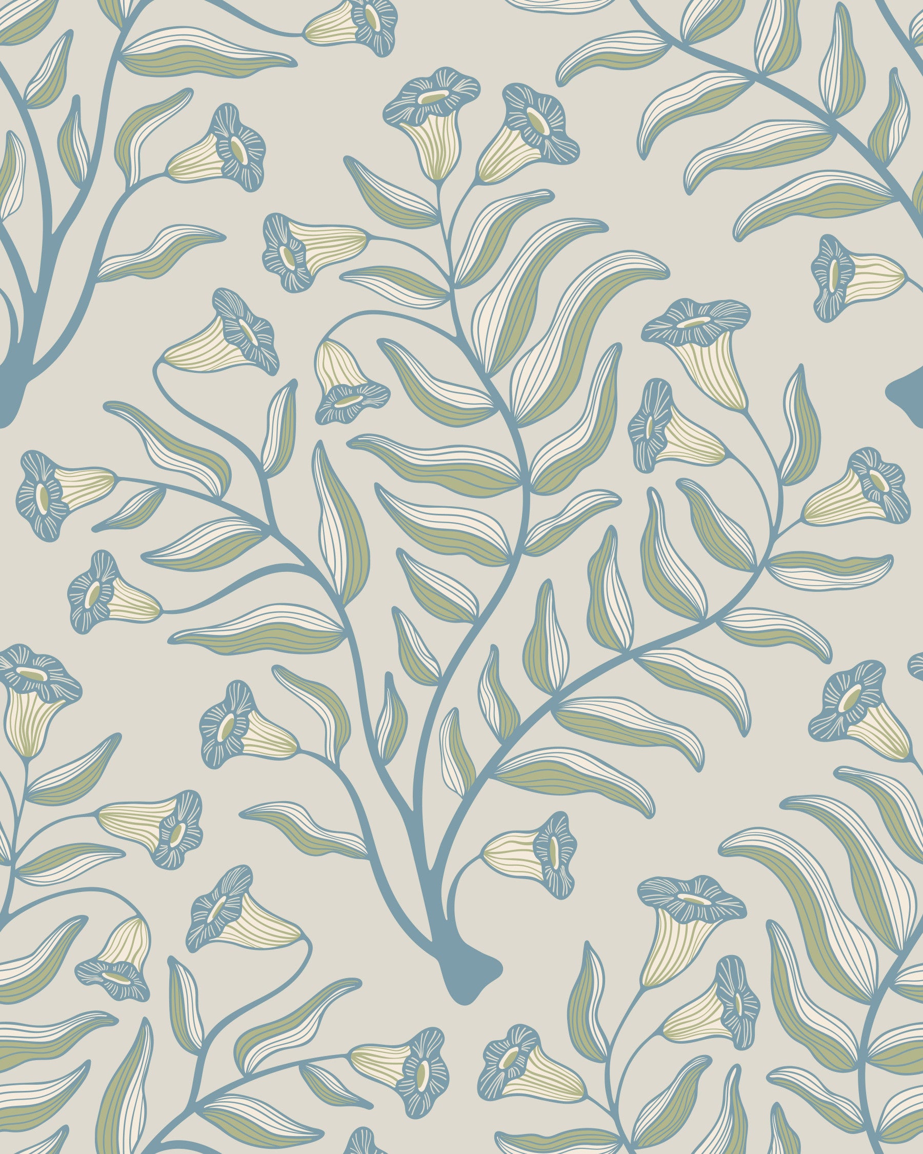 Trumpet Flower Damask Vintage Floral Botanical Cottage Blue Sage Green Gray Wallpaper⁠