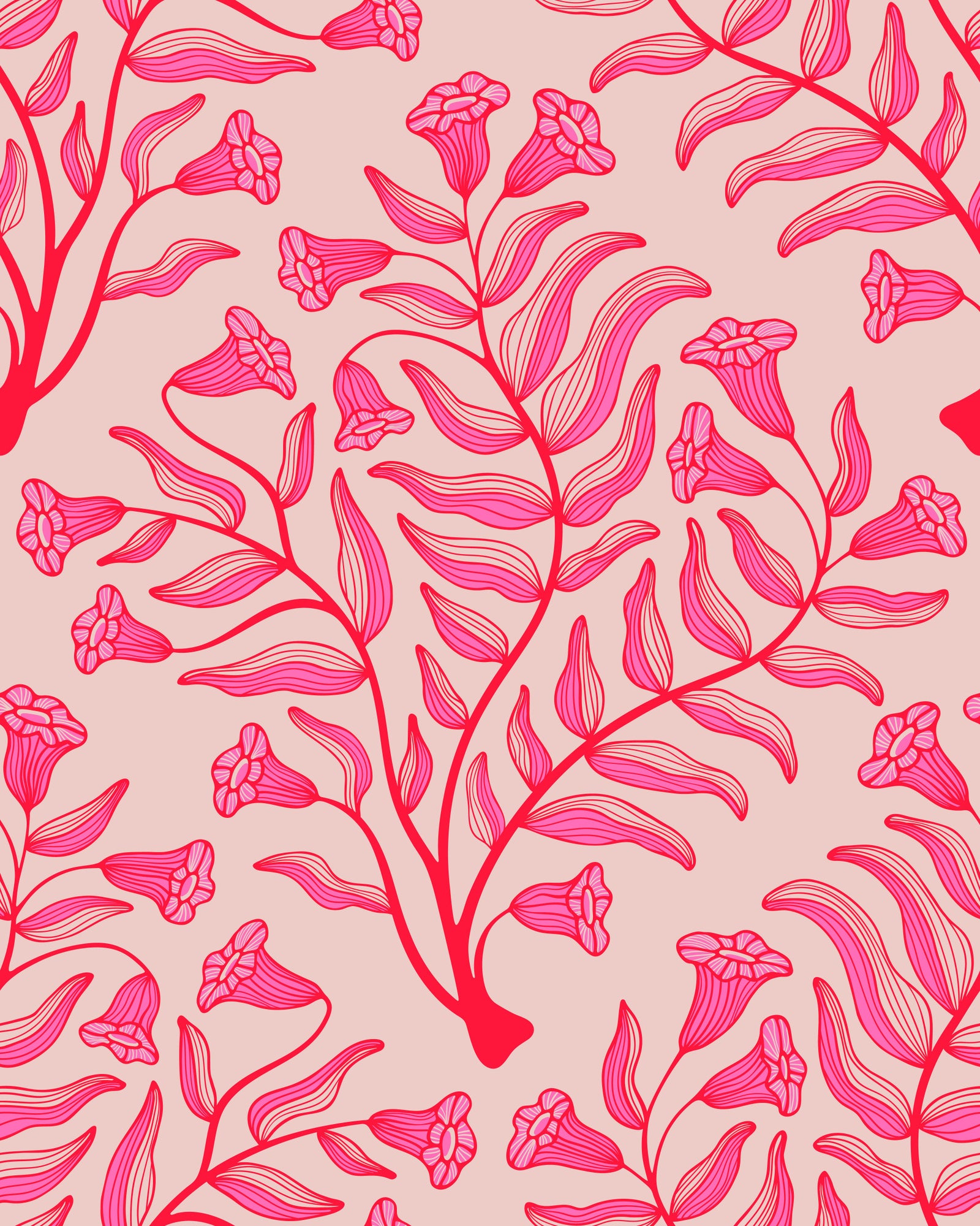 Trumpet Flower Damask Vintage Floral Botanical Fuchsia Red Light Pink Wallpaper⁠ in your room