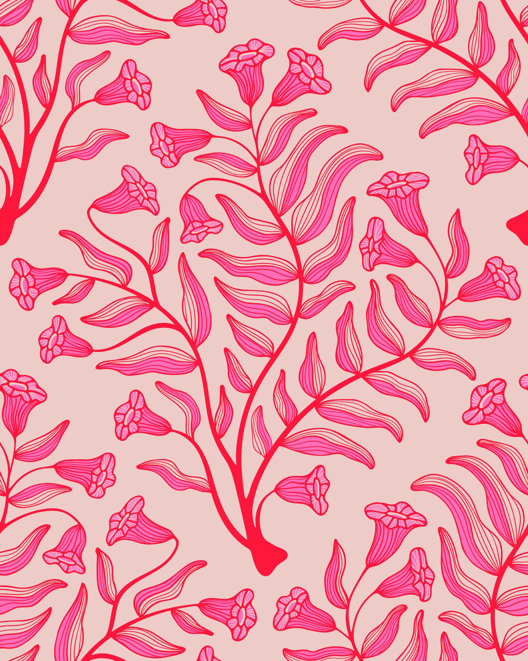 Trumpet Flower Damask Vintage Floral Botanical Fuchsia Red Light Pink Wallpaper⁠