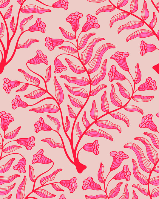 Trumpet Flower Damask Vintage Floral Botanical Fuchsia Red Light Pink Wallpaper⁠