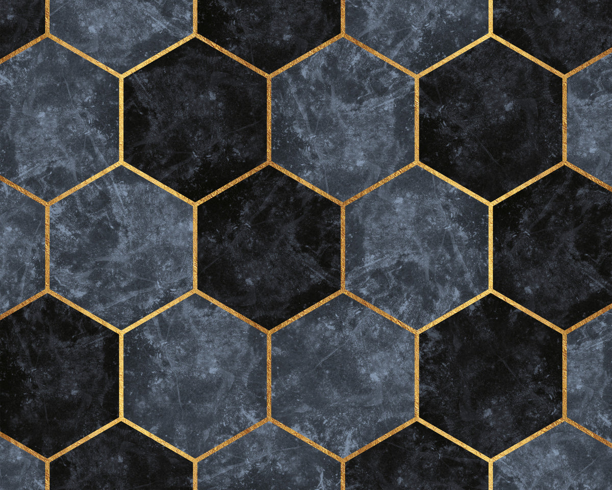 Soft Blue Hexagons and Gold Wall Mural in your room — zoomed
