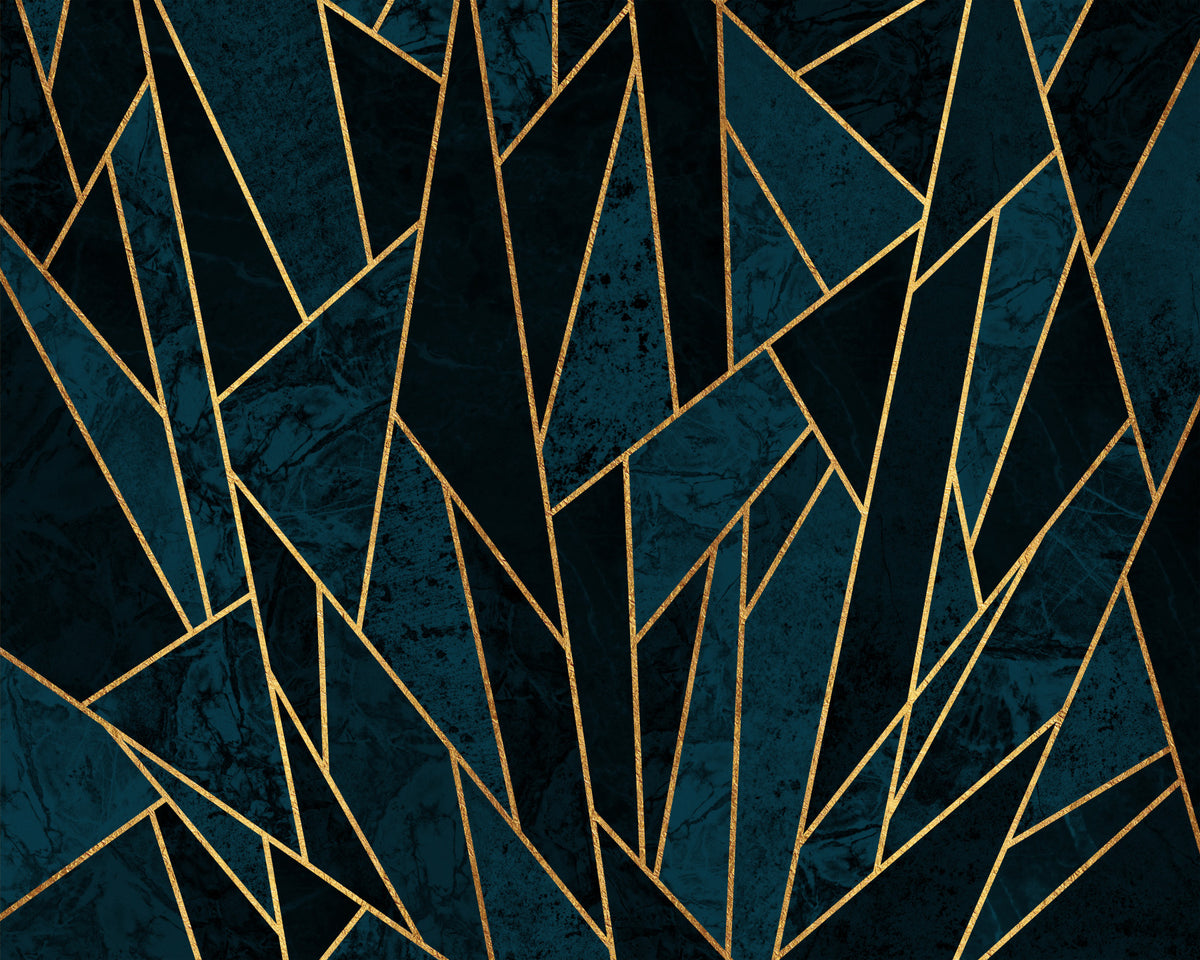 Shattered Deep Blue Mosaic and Gold Wall Mural in your room — zoomed