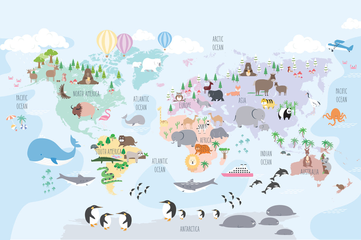 Whimsical World Animal Map Wall Mural in your room — zoomed