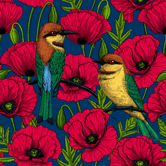Red popies and bee eaters on dark blue Wallpaper⁠