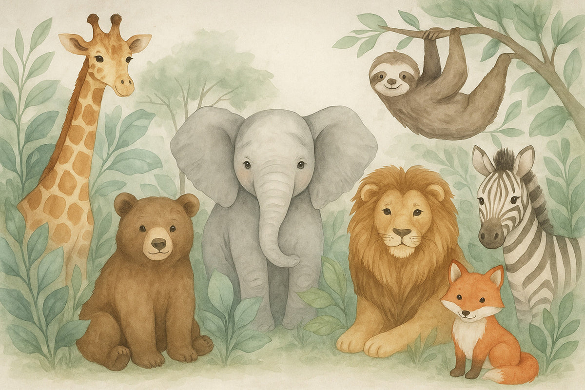 Watercolor Jungle Friends Wall Mural in your room — zoomed