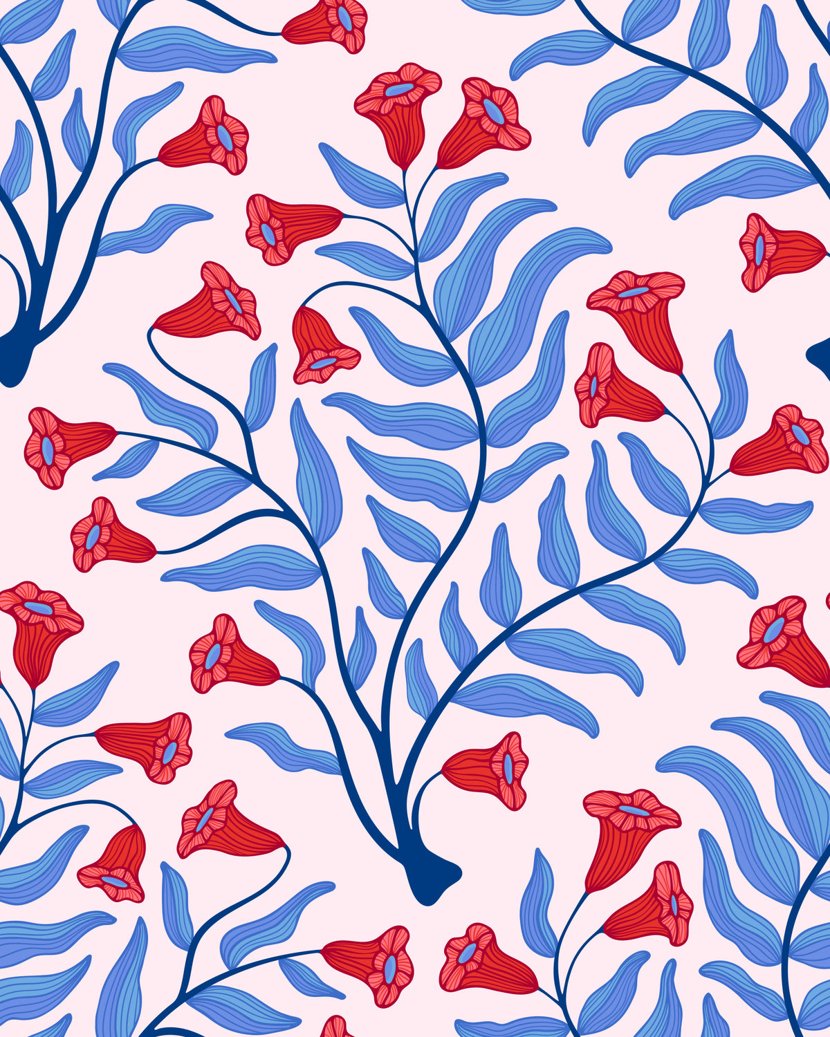 Trumpet Flower Damask Vintage Floral Botanical Cool Blue Red Light Pink Wallpaper⁠ in your room