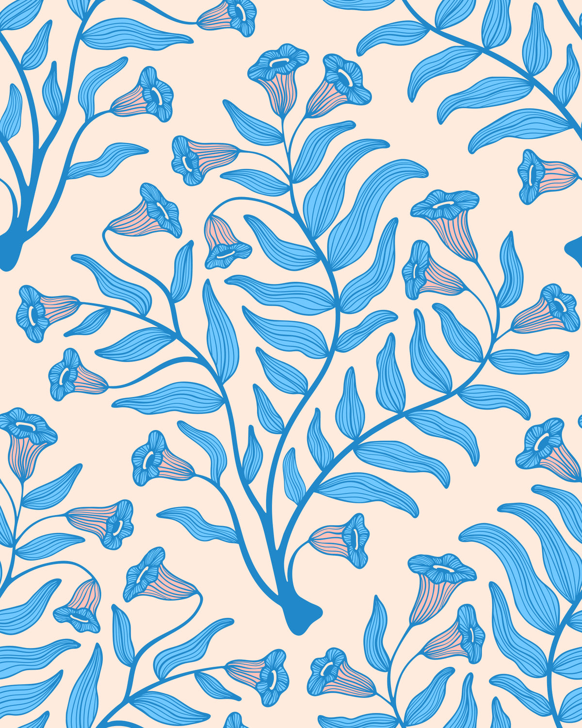 Trumpet Flower Damask Vintage Floral Botanical Light Blue Cream Wallpaper⁠ in your room