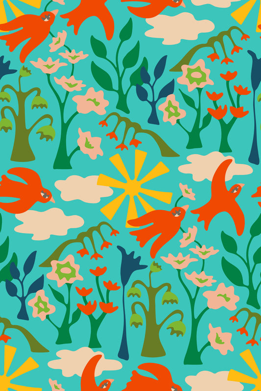 Garden Birds Charming Summer Floral Happy Bright Red Turquoise Wallpaper⁠