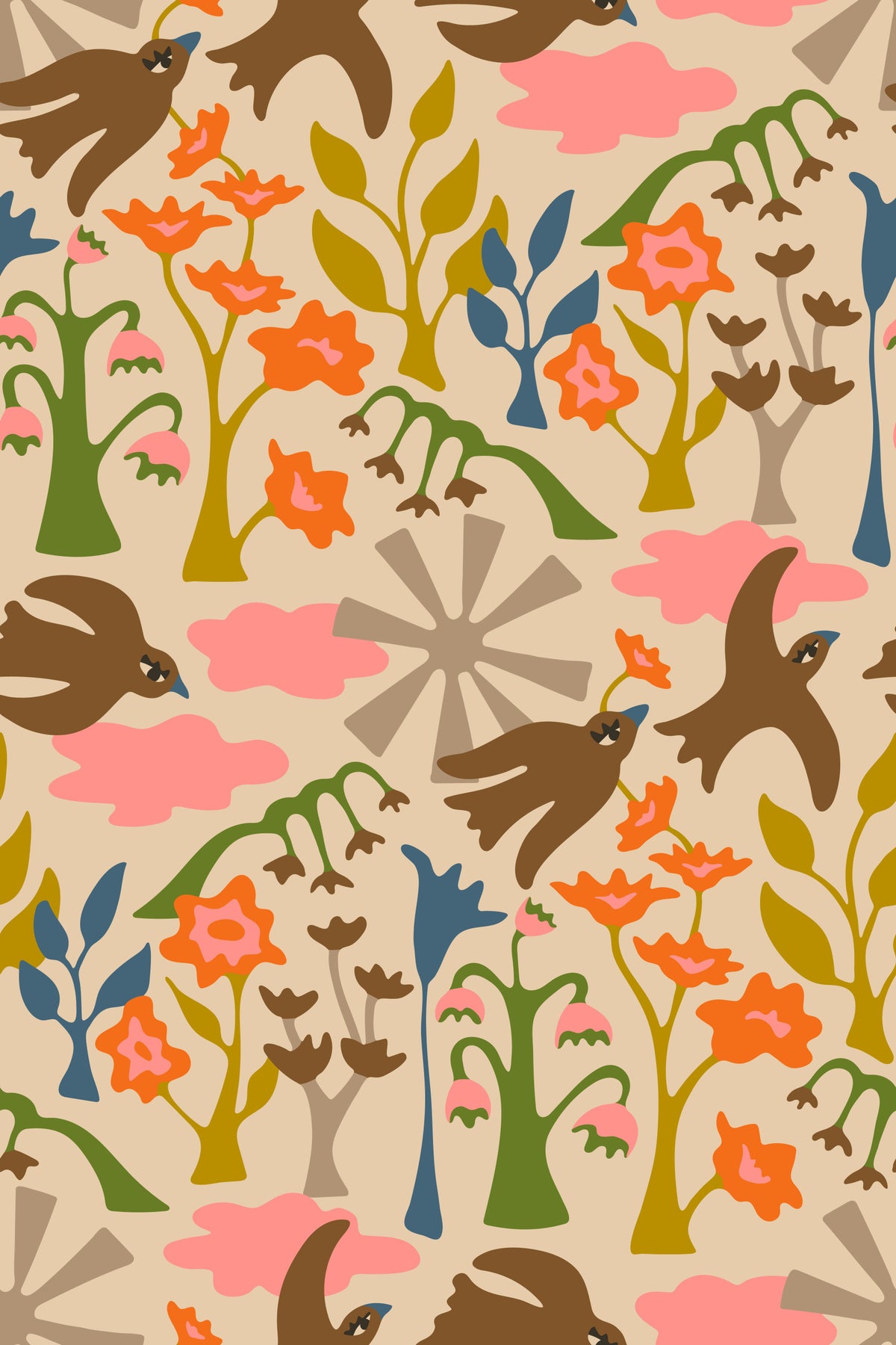 Garden Birds Charming Summer Floral Earthy Brown Green Pink Orange Wallpaper⁠ in your room — zoomed
