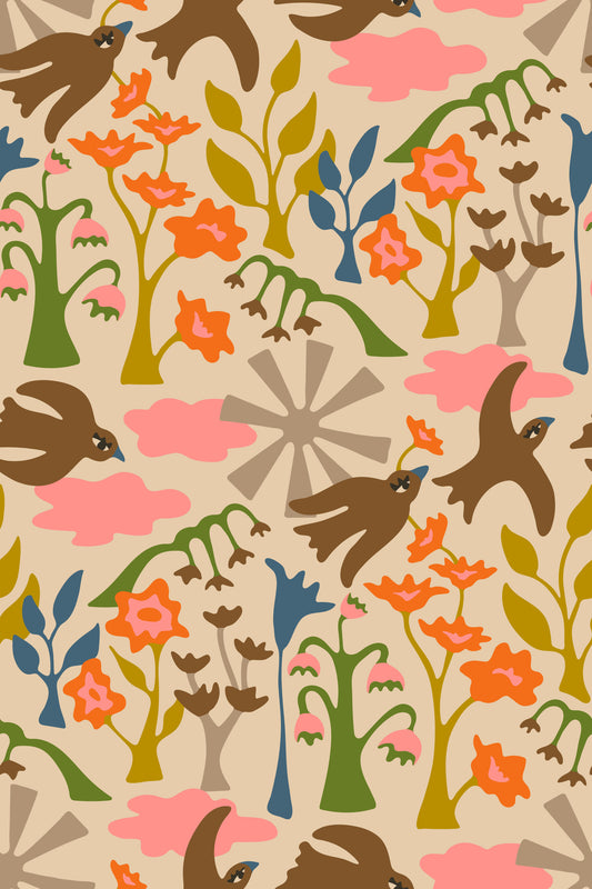 Garden Birds Charming Summer Floral Earthy Brown Green Pink Orange Wallpaper⁠