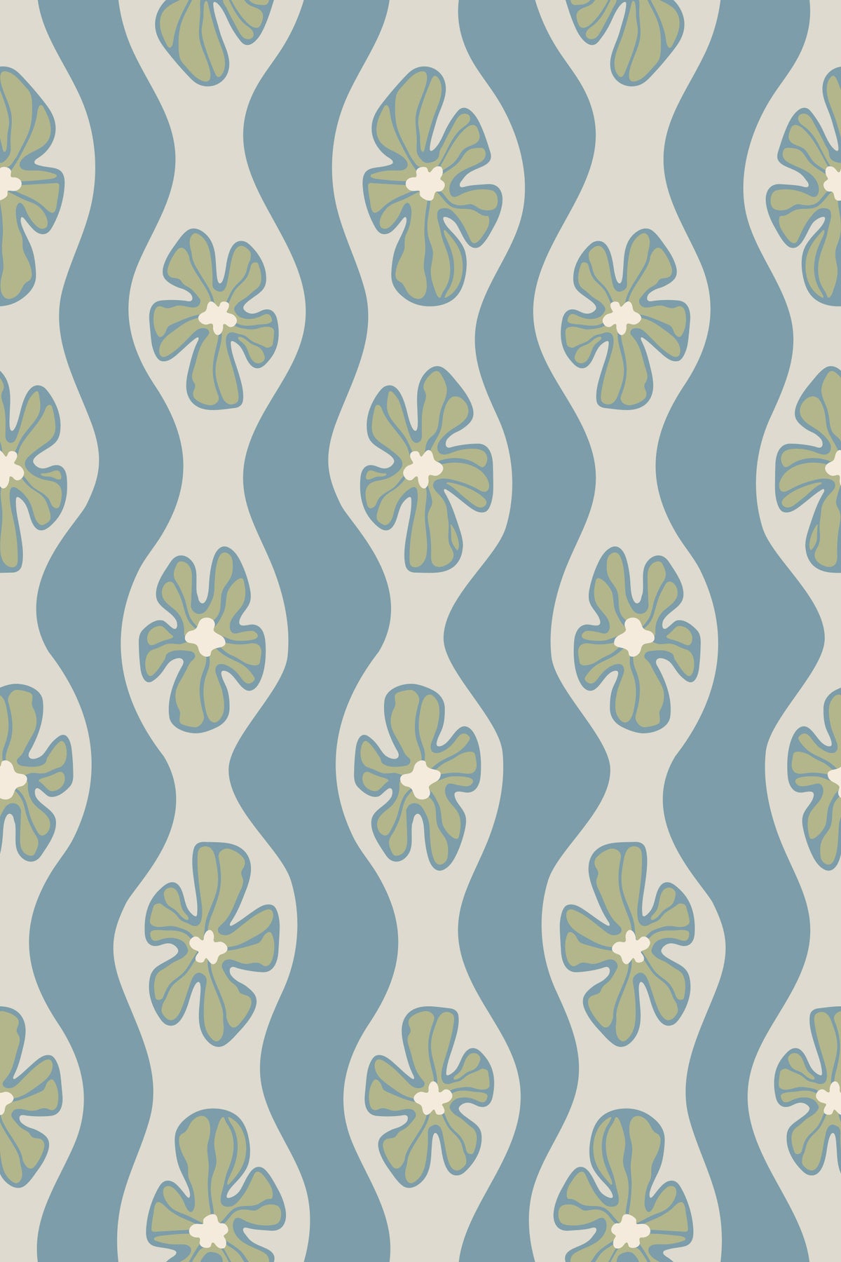 Ripple Floral Retro Flowers Mid Century Wavy Stripes Cottage Light Blue Wallpaper⁠ in your room — zoomed