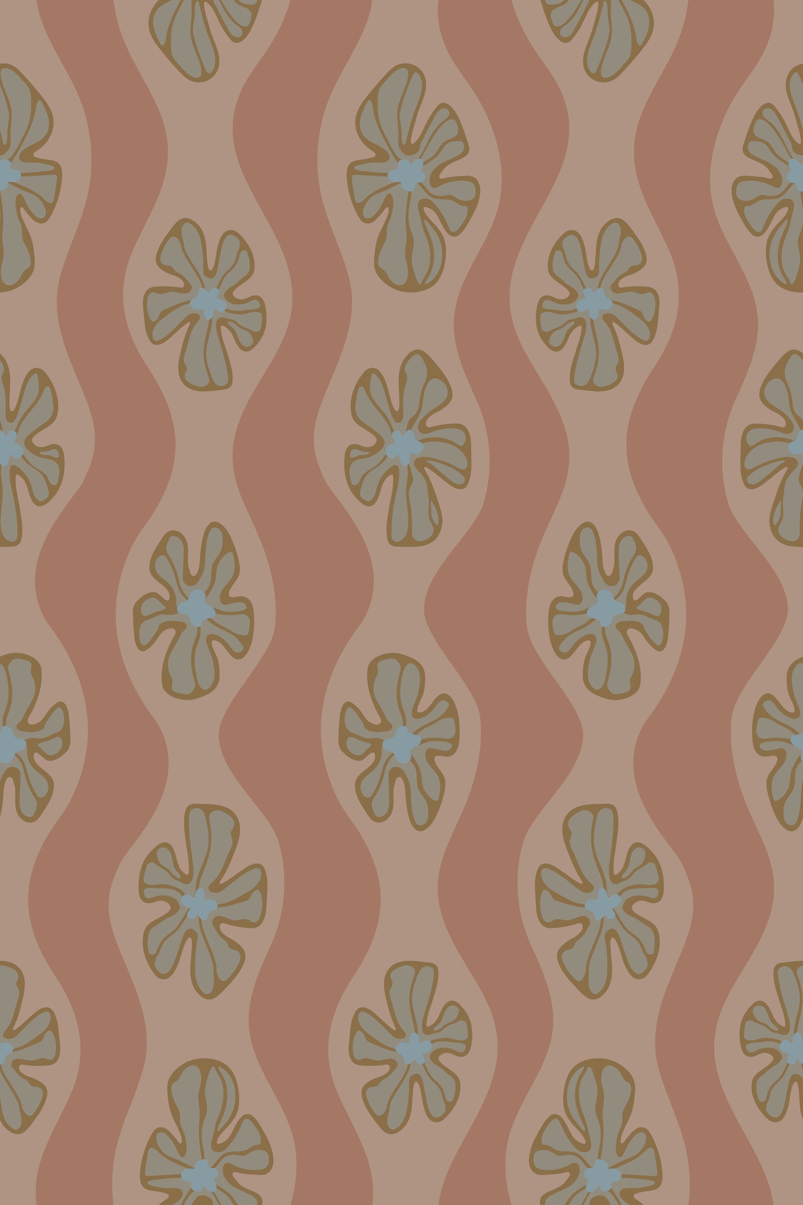 Ripple Floral Retro Flower Mid Century Wavy Stripes Mocha Mousse Brown Wallpaper⁠ in your room