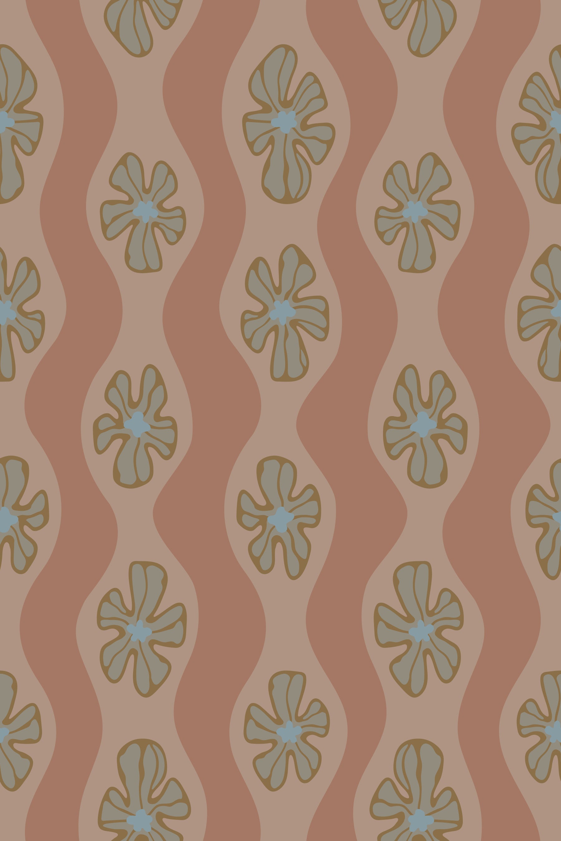 Ripple Floral Retro Flower Mid Century Wavy Stripes Mocha Mousse Brown Wallpaper⁠ in your room — zoomed