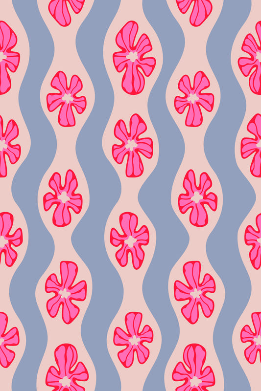 Ripple Floral Retro Flowers Mid Century Wavy Stripes Pretty Pink Lavender Wallpaper⁠