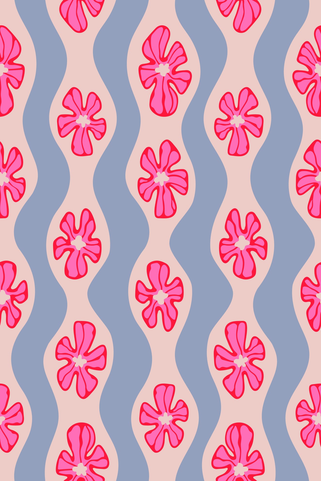 Ripple Floral Retro Flowers Mid Century Wavy Stripes Pretty Pink Lavender Wallpaper⁠