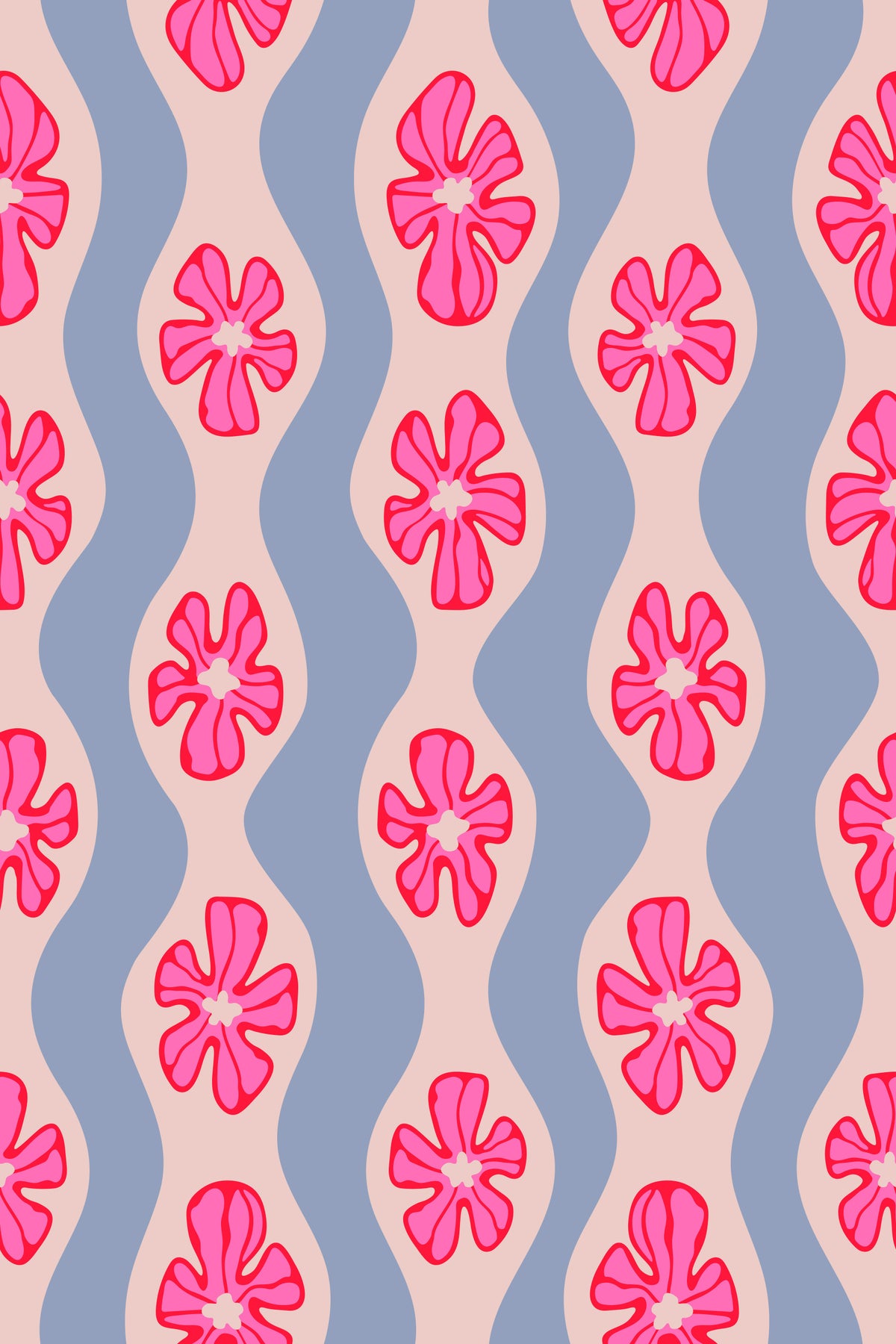 Ripple Floral Retro Flowers Mid Century Wavy Stripes Pretty Pink Lavender Wallpaper⁠