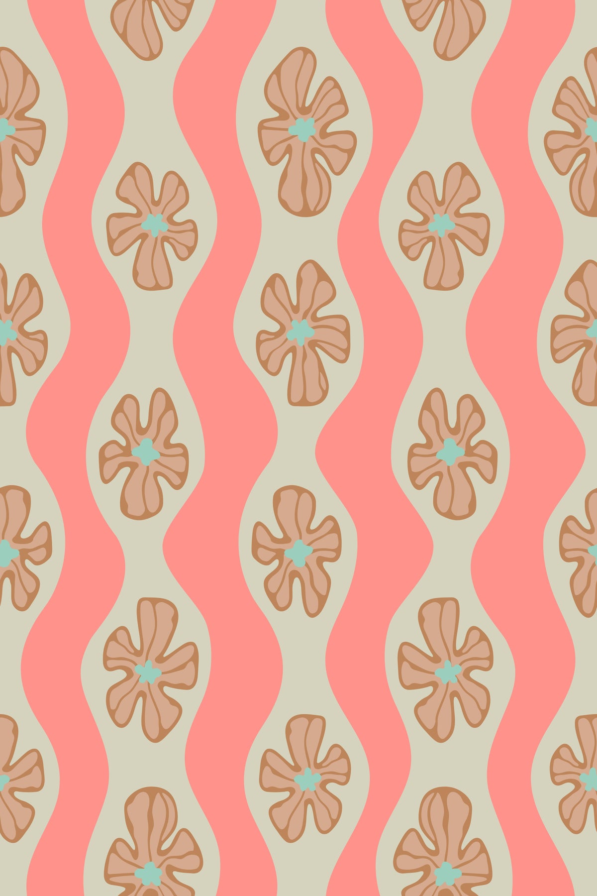 Ripple Floral Retro Flowers Mid Century Wavy Stripes Cottage Cream Beige Blush Orange Pink Wallpaper⁠ in your room — zoomed