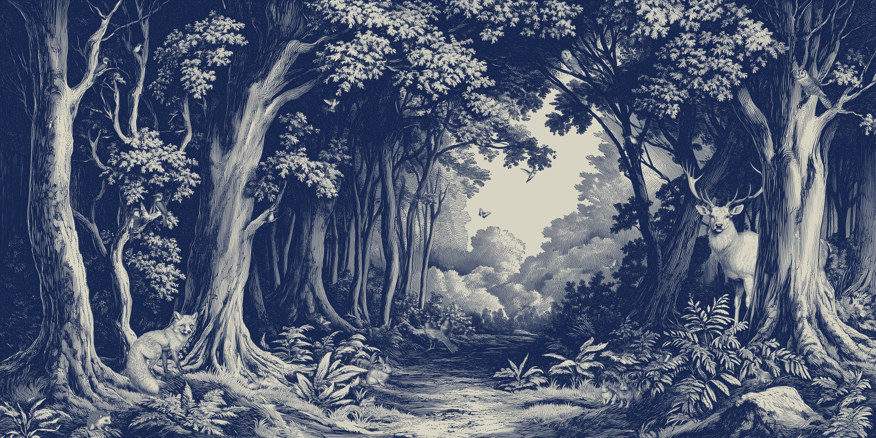 Misty tree mural in classic Delft blue palette

