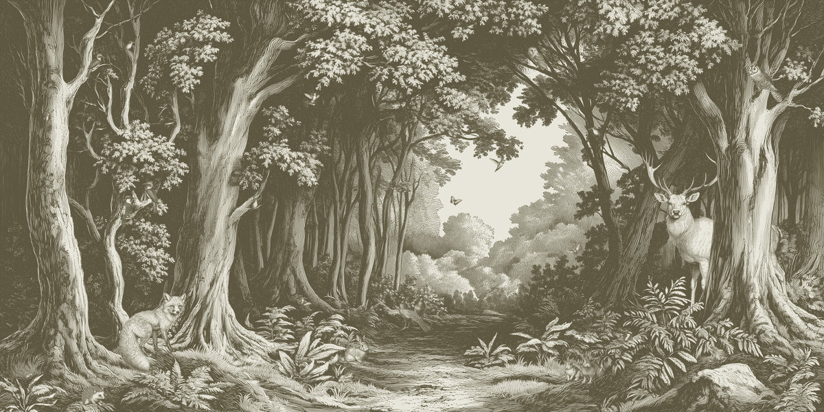Into the Forest -  Olive Green Wall Mural in your room