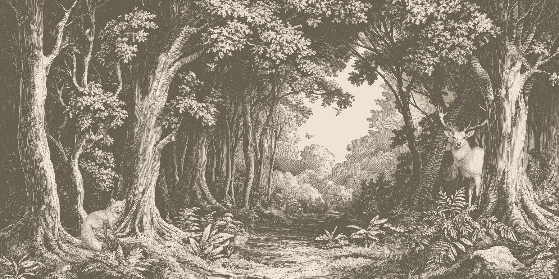 Into the Forest Wall Mural in mushroom brown tones

