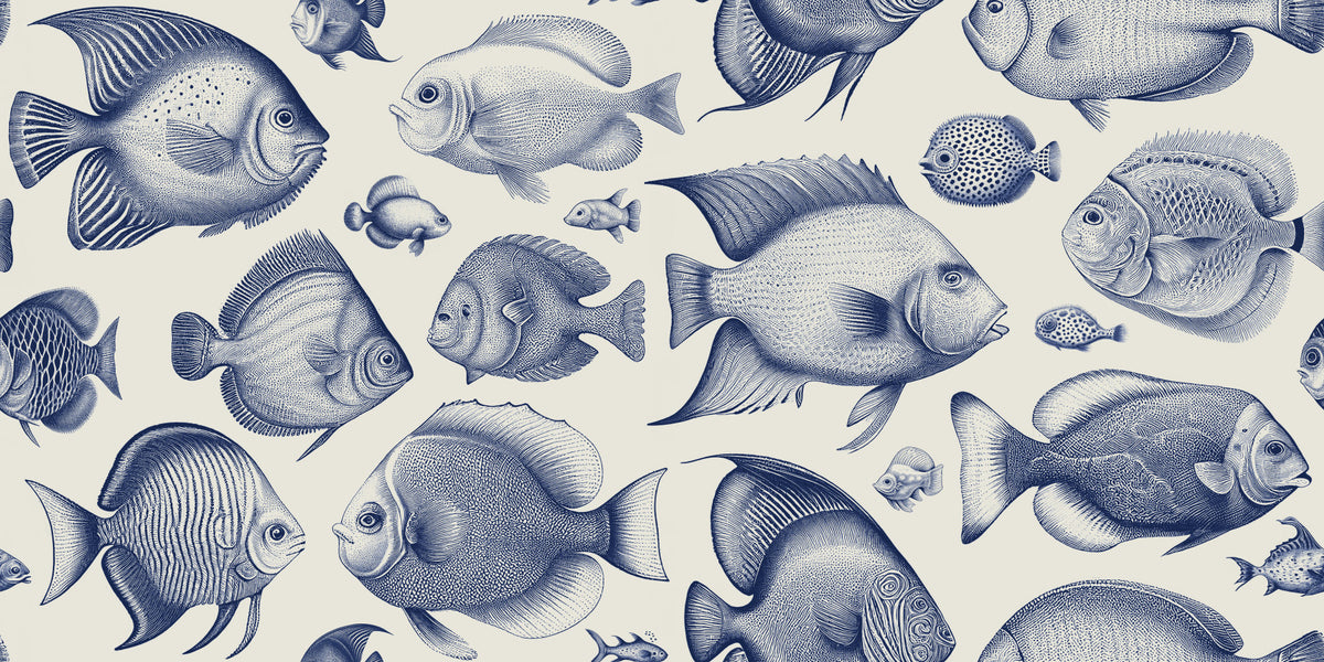 School of Uncanny Fish - Delft Blue Wallpaper⁠ in your room — zoomed