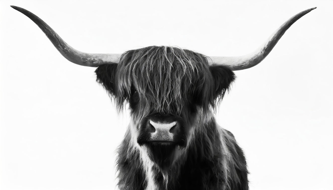 Monochrome Highland Horns and Hair Wall Mural
