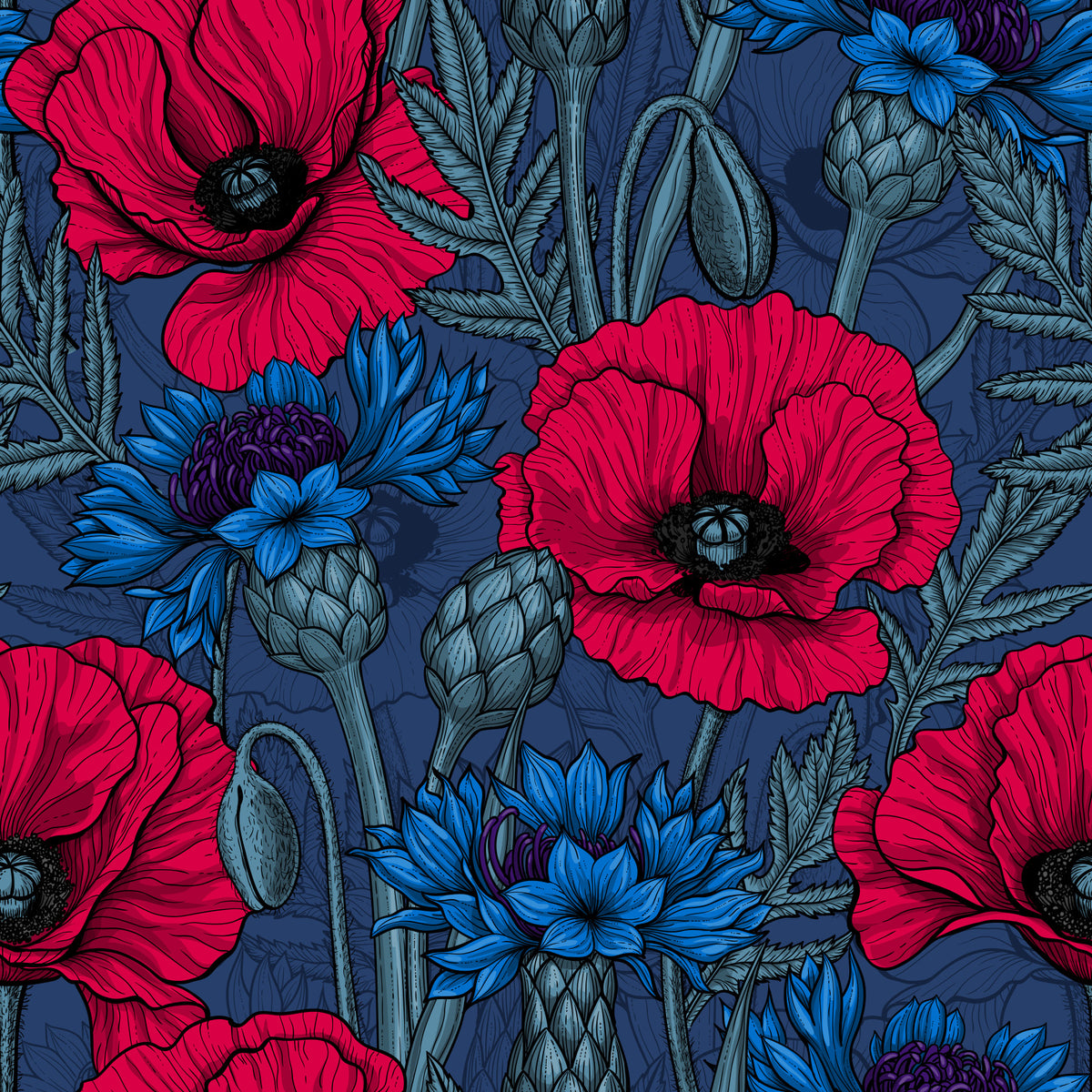 Midnight Garden Poppies and Cornflowers Wallpaper⁠ in your room
