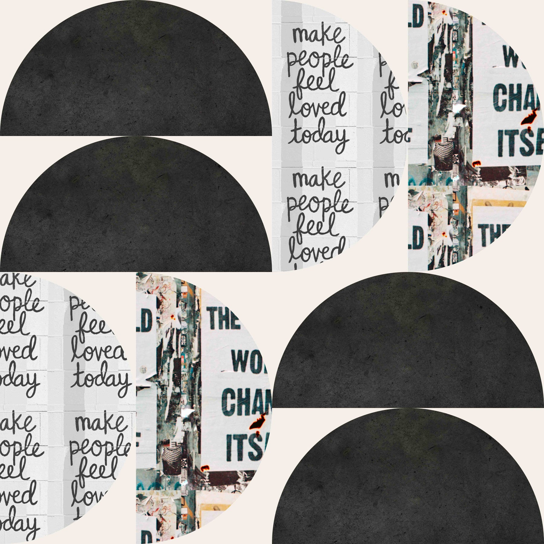 Mescolanza 15 wallpaper with dark semicircles and text collage

