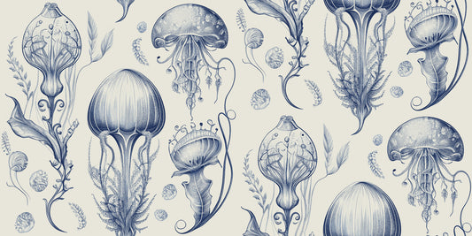 Fantastic Jellyfish - Delft Blue & Cream Wallpaper⁠