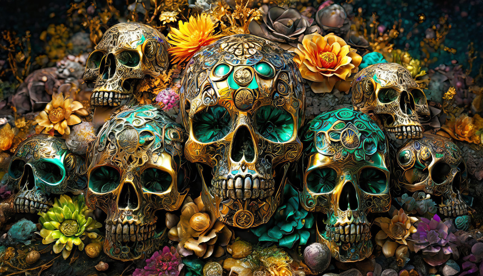 Golden Skulls & Floral Rhapsody Wall Mural