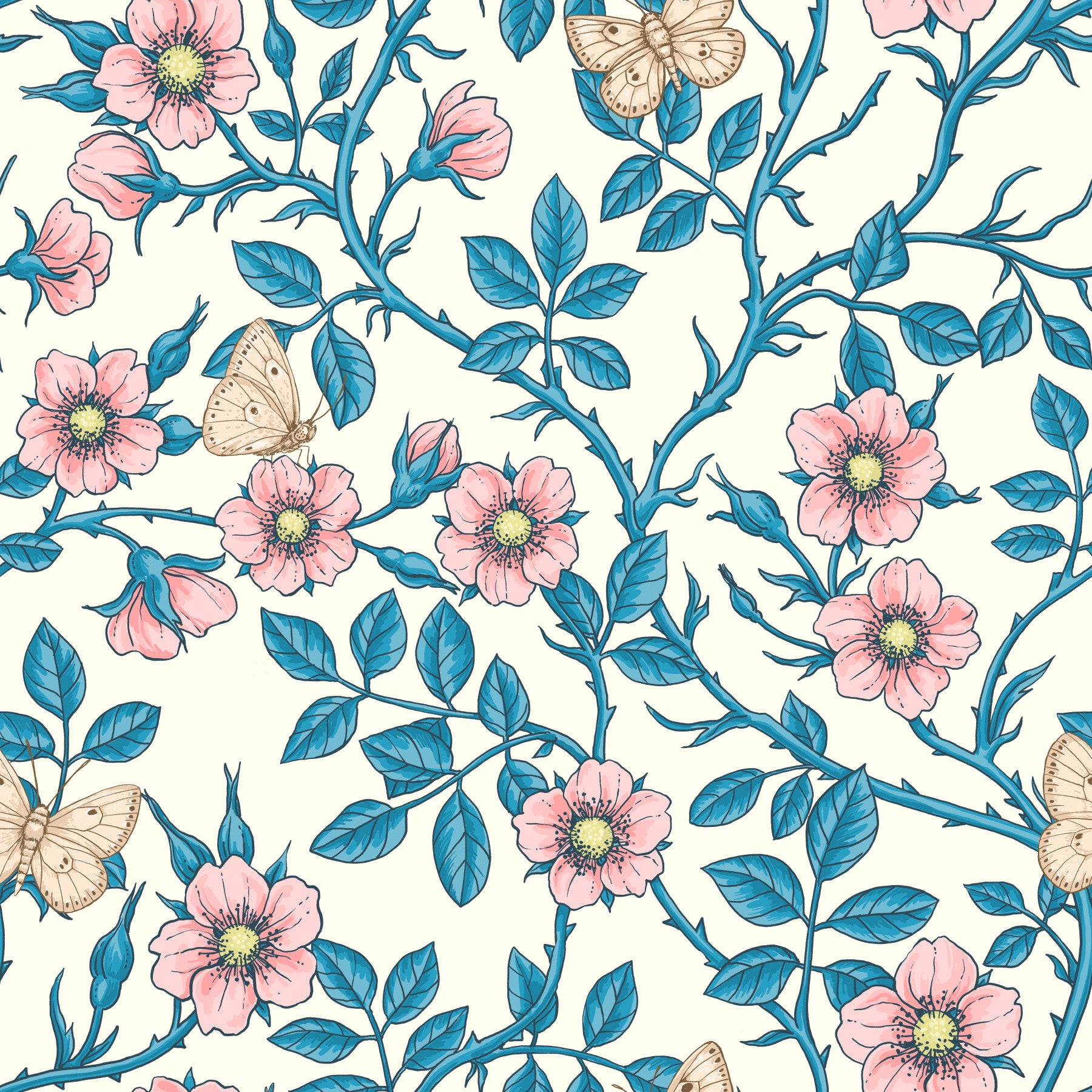 Wild roses and butterflies /pink/blue/off white Wallpaper⁠