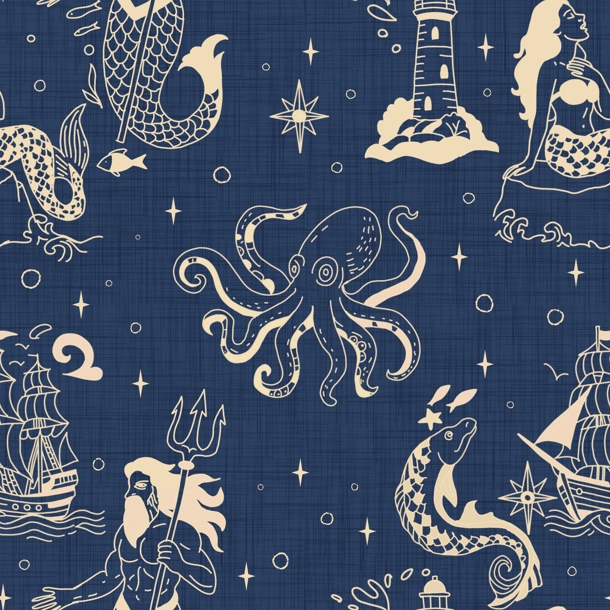 Nautical Mythology Inked - Retro Ocean Blue Wallpaper⁠ in your room — zoomed