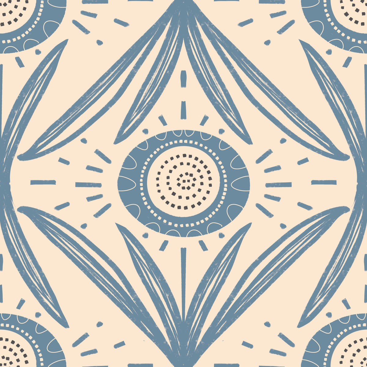 Folk Bloom Radiance Dusty Blue - Mid Century Floral Wallpaper⁠ in your room
