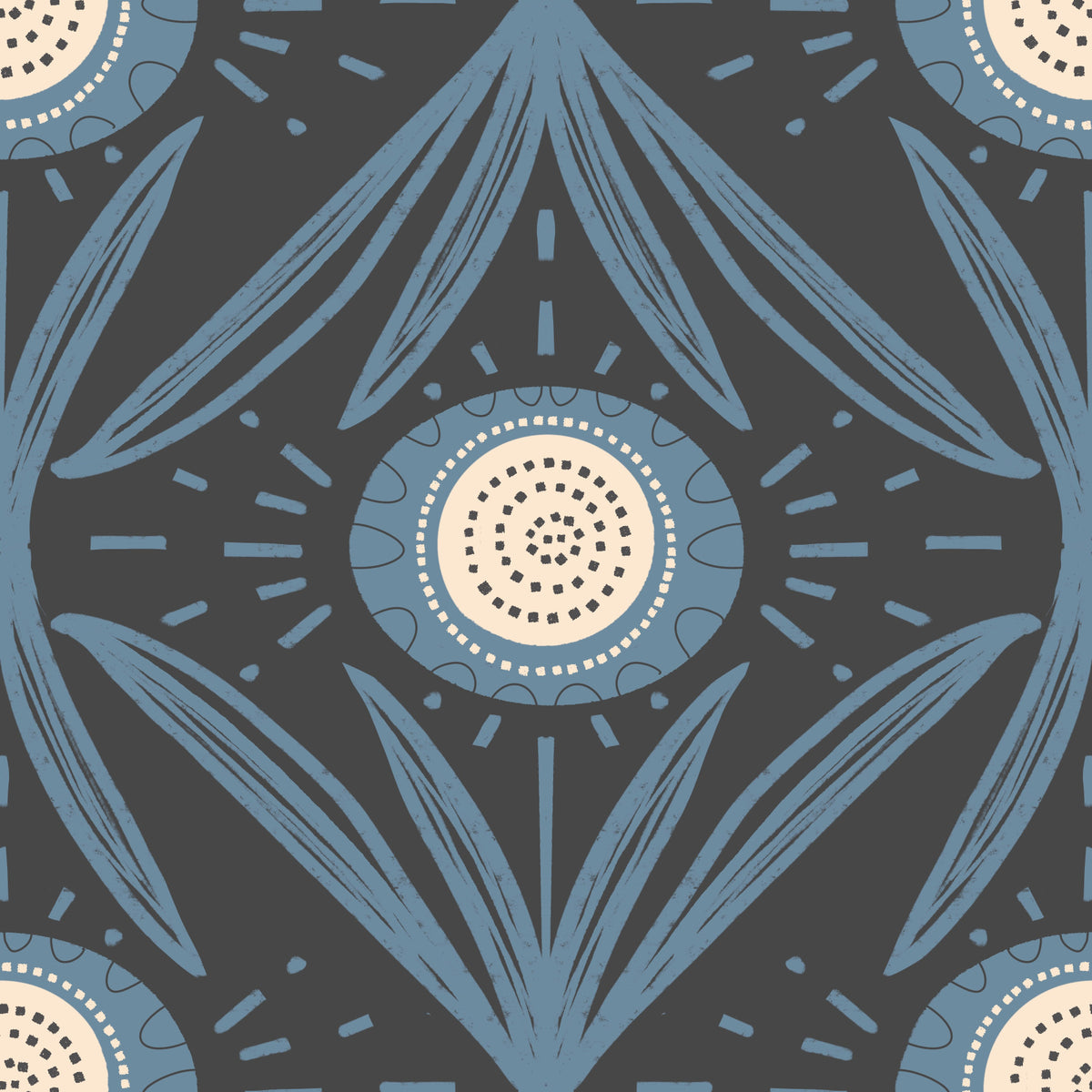 Folk Bloom Radiance Dusty Blue Charcoal - Retro Floral Wallpaper⁠ in your room